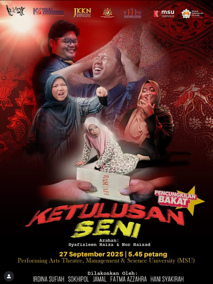 MPP dengan berbesar hati menjemput semua warga MSU untuk hadir menyaksikan pementasan teater Ketulusan Seni, sebuah karya yang penuh dengan mesej mendalam tentang kehidupan, perjuangan, dan realiti masyarakat. 🎭

Dibintangi oleh pelakon hebat:
⭐ Irdina Sufiah
⭐ Sokhipol Qawiem
⭐Jamaluddin Hakimi
⭐ Fatma Azzahra
⭐ Hani Syakirah